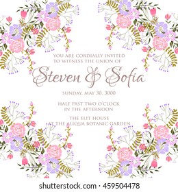 Wedding card or invitation with abstract floral background. Greeting postcard in grunge or retro vector Elegance pattern with flowers roses floral illustration vintage style Valentine anniversary