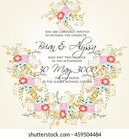 Wedding card or invitation with abstract floral background. Greeting postcard in grunge or retro vector Elegance pattern with flowers roses floral illustration vintage style Valentine anniversary