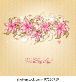 Wedding card or invitation with abstract floral background. Greeting card in grunge or retro style. Elegance Seamless pattern with flowers roses, floral illustration in vintage style Valentine.