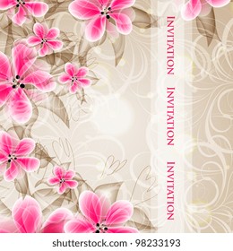 Wedding card or invitation with abstract floral background. Greeting card in grunge or retro style. Elegance Seamless pattern with flowers roses, floral illustration in vintage style Valentine.