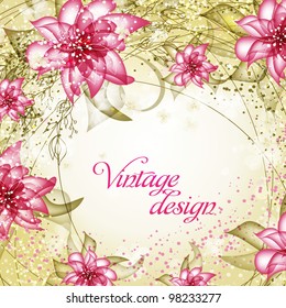 Wedding card or invitation with abstract floral background. Greeting card in grunge or retro style. Elegance Seamless pattern with flowers roses, floral illustration in vintage style Valentine.