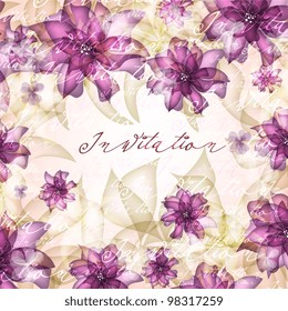 Wedding card or invitation with abstract floral background. Greeting card in grunge or retro style. Elegance Seamless pattern with flowers roses, floral illustration in vintage style Valentine.