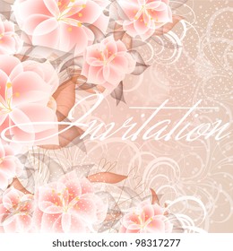 Wedding card or invitation with abstract floral background. Greeting card in grunge or retro style. Elegance Seamless pattern with flowers roses, floral illustration in vintage style Valentine.