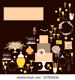 Wedding card, wedding invitation .Cake, flowers, bouquet,  wine, candy, pillow for rings. Vector illustration
