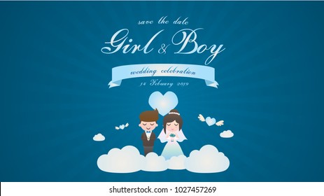 Wedding Card invitation Cute Vector Valentine Couple Wedding on Heaven 