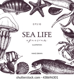Wedding card or invitation design. Hand drawn Mussels, fish, crab, starfish, squid, jellyfish, lobster sketch. Vintage template with sea life illustrations.