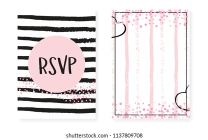 Wedding card invitation with dots and sequins. Bridal shower set with pink glitter confetti. Vertical stripes background. Vintage wedding card for party, event, save the date flyer.