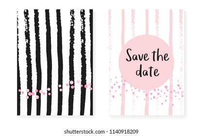 Wedding card invitation with dots and sequins. Bridal shower set with pink glitter confetti. Vertical stripes background. Tender wedding card for party, event, save the date flyer.