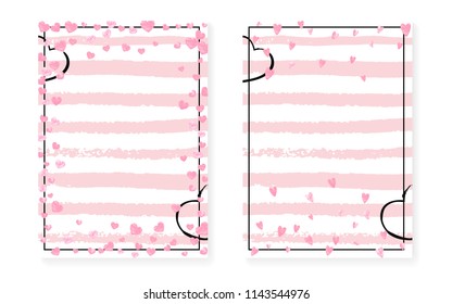 Wedding card invitation with dots and sequins. Bridal shower set with pink glitter confetti. Vertical stripes background. Retro wedding card for party, event, save the date flyer.