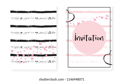 Wedding card invitation with dots and sequins. Bridal shower set with pink glitter confetti. Vertical stripes background. Fashion wedding card for party, event, save the date flyer.