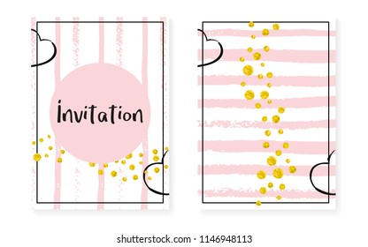 Wedding card invitation with dots and sequins. Bridal shower set with gold glitter confetti. Vertical stripes background. Creative wedding card for party, event, save the date flyer.