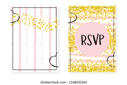 Wedding card invitation with dots and sequins. Bridal shower set with gold glitter confetti. Vertical stripes background. Tender wedding card for party, event, save the date flyer.