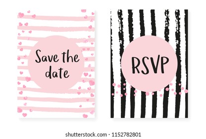 Wedding card invitation with dots and sequins. Bridal shower set with pink glitter confetti. Vertical stripes background. Stylish wedding card for party, event, save the date flyer.