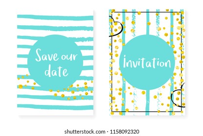 Wedding card invitation with dots and sequins. Bridal shower set with gold glitter confetti. Vertical turquoise stripes background. Creative wedding card for party, event, save the date flyer