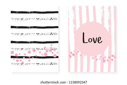 Wedding card invitation with dots and sequins. Bridal shower set with pink glitter confetti. Vertical stripes background. Vintage wedding card for party, event, save the date flyer.