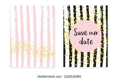 Wedding card invitation with dots and sequins. Bridal shower set with gold glitter confetti. Vertical stripes background. Retro wedding card for party, event, save the date flyer.