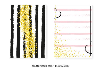 Wedding card invitation with dots and sequins. Bridal shower set with gold glitter confetti. Vertical stripes background. Hipster wedding card for party, event, save the date flyer.