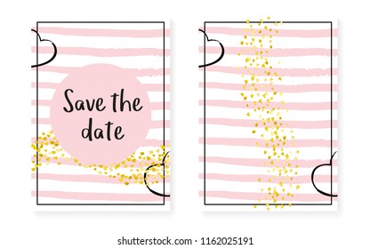 Wedding card invitation with dots and sequins. Bridal shower set with gold glitter confetti. Vertical stripes background. Elegant wedding card for party, event, save the date flyer.