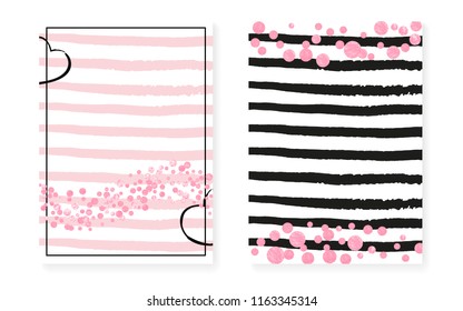 Wedding card invitation with dots and sequins. Bridal shower set with pink glitter confetti. Vertical stripes background. Luxury wedding card for party, event, save the date flyer.