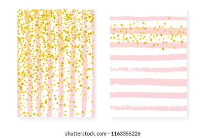 Wedding card invitation with dots and sequins. Bridal shower set with gold glitter confetti. Vertical stripes background. Fashion wedding card for party, event, save the date flyer.