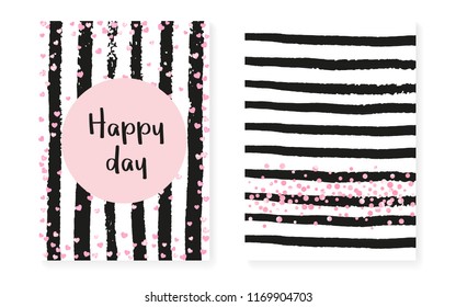 Wedding card invitation with dots and sequins. Bridal shower set with pink glitter confetti. Vertical stripes background. Tender wedding card for party, event, save the date flyer.