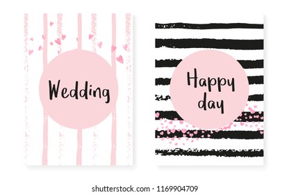 Wedding card invitation with dots and sequins. Bridal shower set with pink glitter confetti. Vertical stripes background. Trendy wedding card for party, event, save the date flyer.