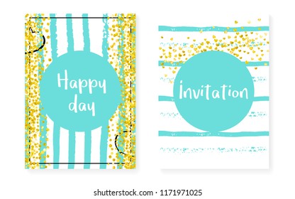 Wedding card invitation with dots and sequins. Bridal shower set with gold glitter confetti. Vertical turquoise stripes background. Hipster wedding card for party, event, save the date flyer
