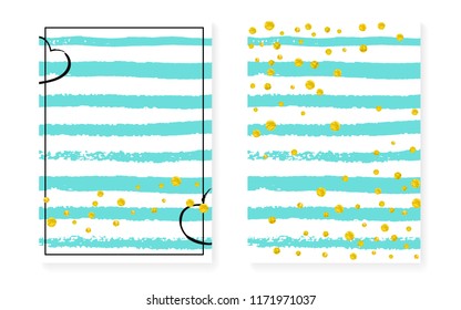 Wedding card invitation with dots and sequins. Bridal shower set with gold glitter confetti. Vertical mint stripes background. Creative wedding card for party, event, save the date flyer