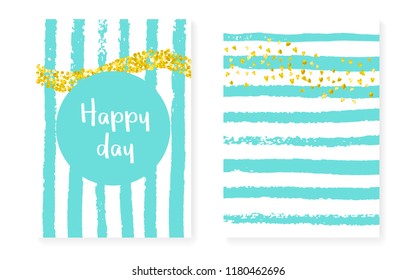 Wedding card invitation with dots and sequins. Bridal shower set with gold glitter confetti. Vertical turquoise stripes background. Stylish wedding card for party, event, save the date flyer