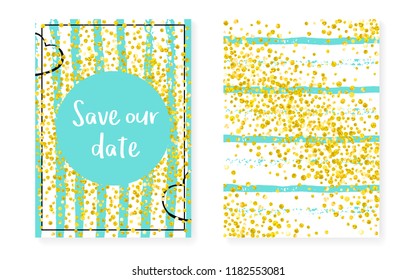 Wedding card invitation with dots and sequins. Bridal shower set with gold glitter confetti. Vertical mint stripes background. Fashion wedding card for party, event, save the date flyer