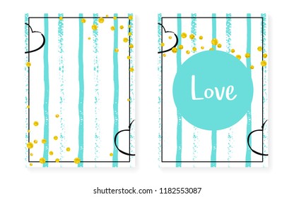 Wedding card invitation with dots and sequins. Bridal shower set with gold glitter confetti. Vertical mint stripes background. Trendy wedding card for party, event, save the date flyer