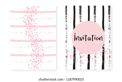 Wedding card invitation with dots and sequins. Bridal shower set with pink glitter confetti. Vertical stripes background. Luxury wedding card for party, event, save the date flyer.