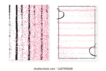 Wedding card invitation with dots and sequins. Bridal shower set with pink glitter confetti. Vertical stripes background. Elegant wedding card for party, event, save the date flyer.
