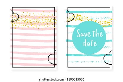 Wedding card invitation with dots and sequins. Bridal shower set with gold glitter confetti. Vertical stripes background. Vintage wedding card for party, event, save the date flyer.