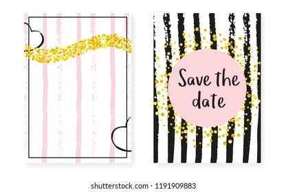 Wedding card invitation with dots and sequins. Bridal shower set with gold glitter confetti. Vertical stripes background. Creative wedding card for party, event, save the date flyer.