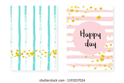 Wedding card invitation with dots and sequins. Bridal shower set with gold glitter confetti. Vertical stripes background. Luxury wedding card for party, event, save the date flyer.