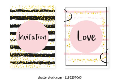 Wedding card invitation with dots and sequins. Bridal shower set with gold glitter confetti. Vertical stripes background. Stylish wedding card for party, event, save the date flyer.