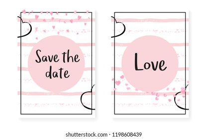 Wedding card invitation with dots and sequins. Bridal shower set with pink glitter confetti. Vertical stripes background. Elegant wedding card for party, event, save the date flyer.