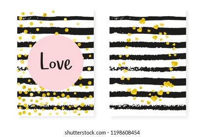 Wedding card invitation with dots and sequins. Bridal shower set with gold glitter confetti. Vertical stripes background. Creative wedding card for party, event, save the date flyer.