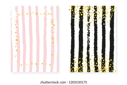 Wedding card invitation with dots and sequins. Bridal shower set with gold glitter confetti. Vertical stripes background. Retro wedding card for party, event, save the date flyer.