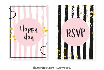 Wedding card invitation with dots and sequins. Bridal shower set with gold glitter confetti. Vertical stripes background. Luxury wedding card for party, event, save the date flyer.