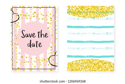 Wedding card invitation with dots and sequins. Bridal shower set with gold glitter confetti. Vertical stripes background. Retro wedding card for party, event, save the date flyer.