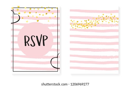 Wedding card invitation with dots and sequins. Bridal shower set with gold glitter confetti. Vertical stripes background. Vintage wedding card for party, event, save the date flyer.