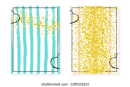 Wedding card invitation with dots and sequins. Bridal shower set with gold glitter confetti. Vertical stripes background. Fashion wedding card for party, event, save the date flyer.