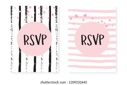 Wedding card invitation with dots and sequins. Bridal shower set with pink glitter confetti. Vertical stripes background. Luxury wedding card for party, event, save the date flyer.