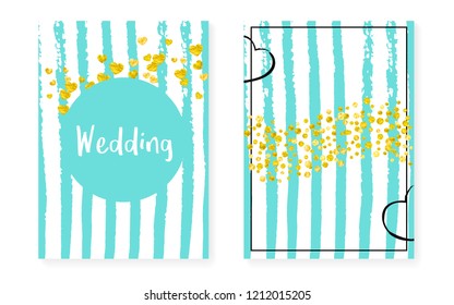 Wedding card invitation with dots and sequins. Bridal shower set with gold glitter confetti. Vertical turquoise stripes background. Stylish wedding card for party, event, save the date flyer