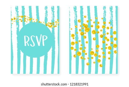 Wedding card invitation with dots and sequins. Bridal shower set with gold glitter confetti. Vertical mint stripes background. Fashion wedding card for party, event, save the date flyer