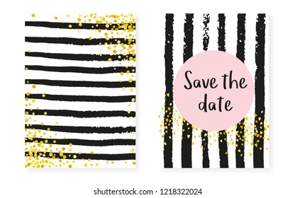 Wedding card invitation with dots and sequins. Bridal shower set with gold glitter confetti. Vertical stripes background. Trendy wedding card for party, event, save the date flyer.