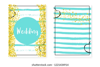 Wedding card invitation with dots and sequins. Bridal shower set with gold glitter confetti. Vertical mint stripes background. Luxury wedding card for party, event, save the date flyer