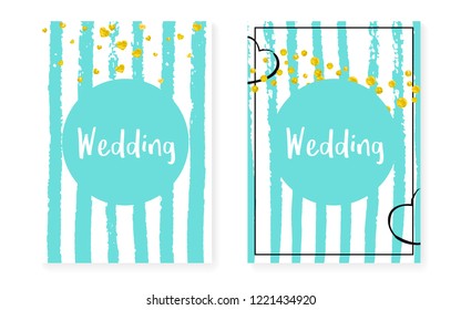 Wedding card invitation with dots and sequins. Bridal shower set with gold glitter confetti. Vertical mint stripes background. Hipster wedding card for party, event, save the date flyer